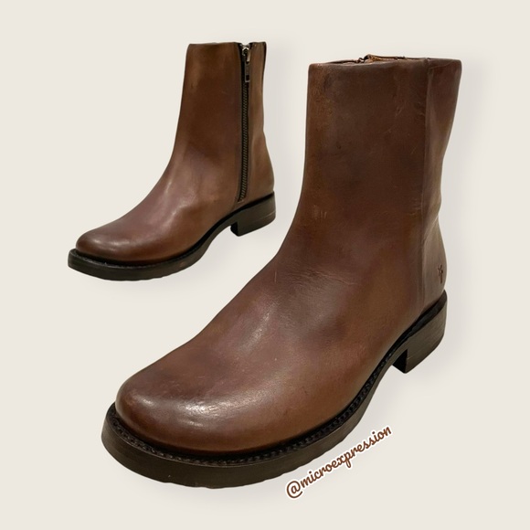 $359 Veronica Seam Short Brown Leather Moto Vintage Boho Zip Up Low Ankle Boot - Picture 11 of 11